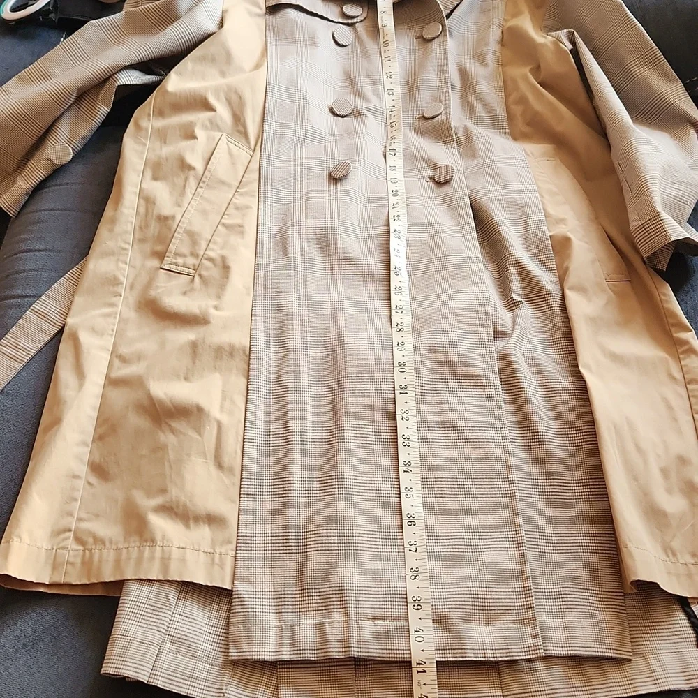 Zara Tan Plaid Houndstooth Double Breasted Trench Coat Size M - Picture 11 of 16